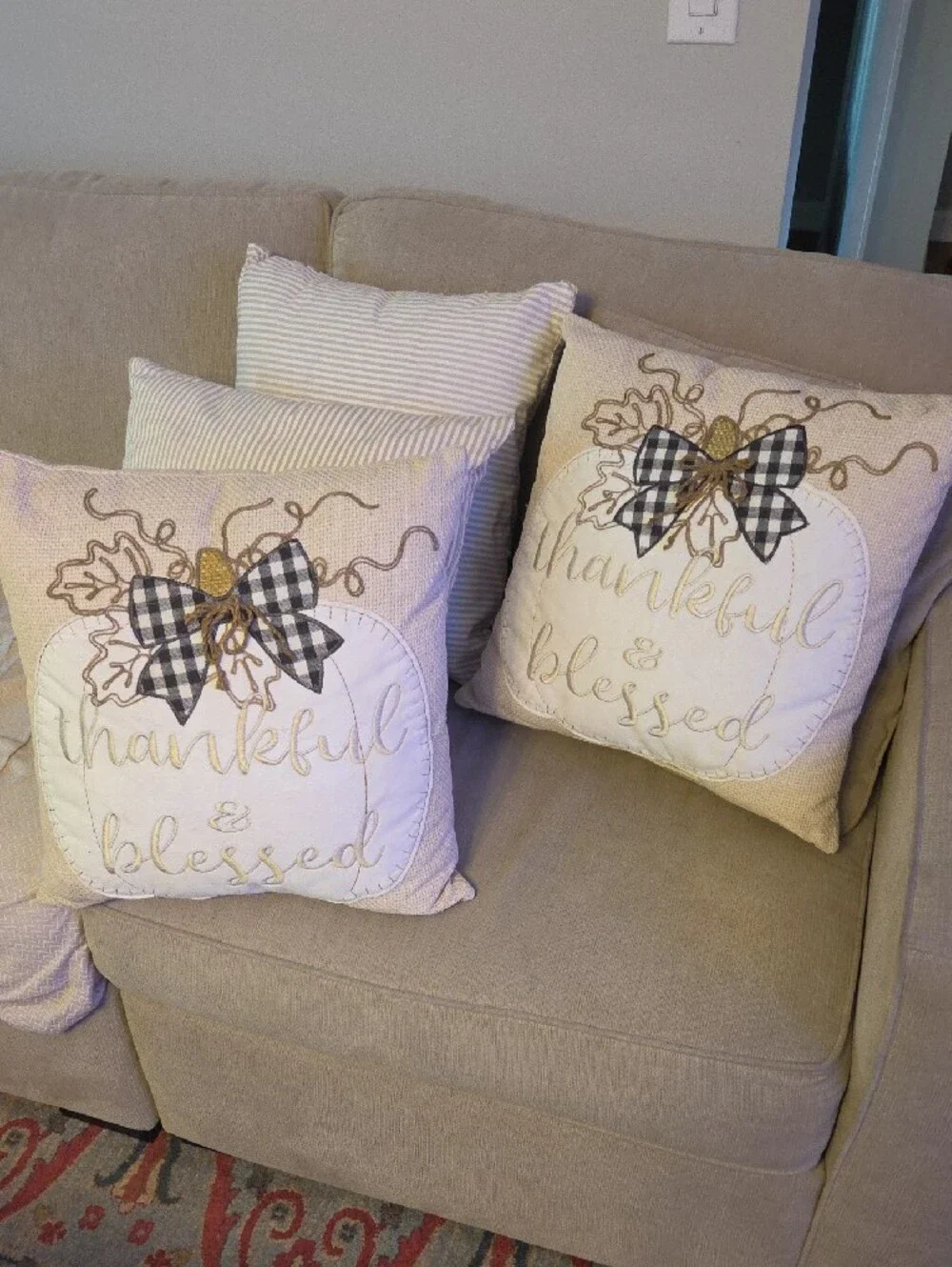 Striped and Autumn Accent Throw Pillow Set - Beige
